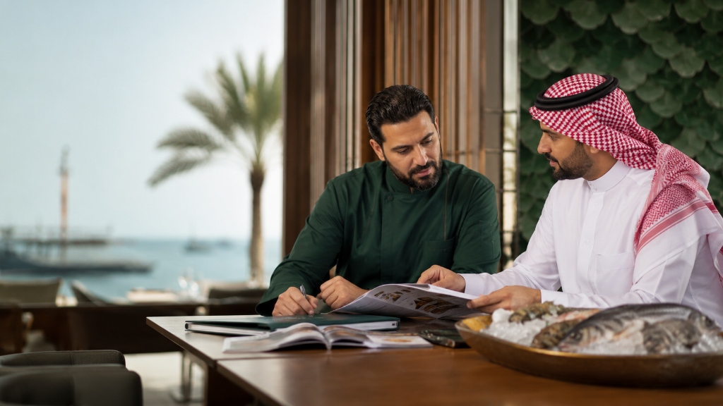 Business partners reviewing seafood selections